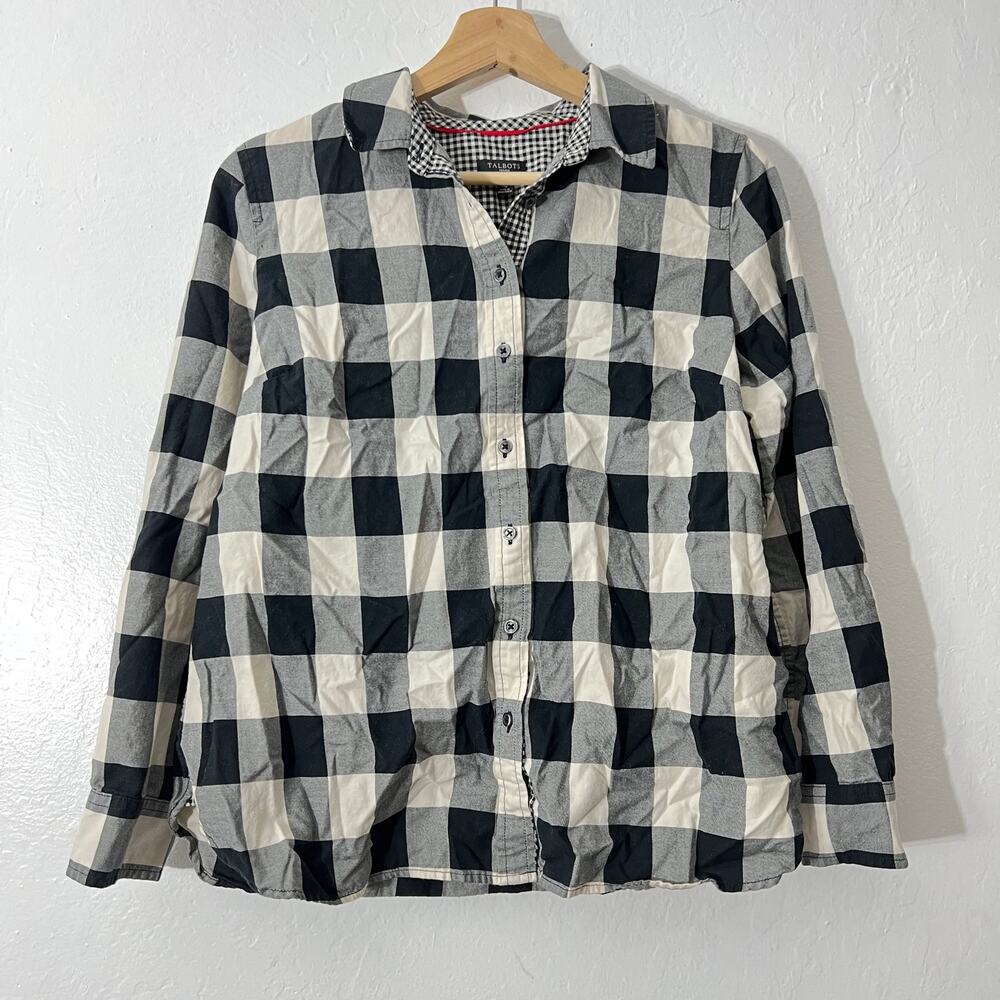 Talbots MP Cream Black Plaid Cotton Button Up Shirt Long Sleeve Preppy Petite